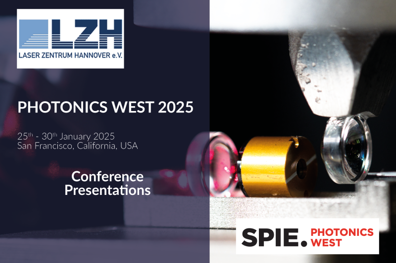 Nahaufnahme eines Lasers mit einer Optik. Verweis auf die Konferenz Photonics West 2025.